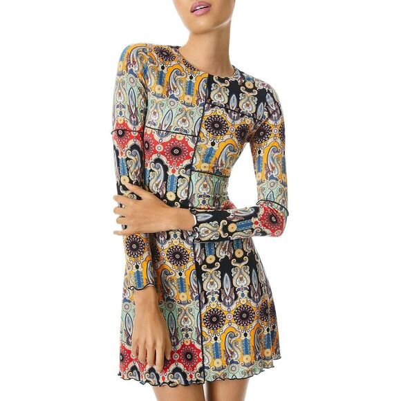Alice + Olivia Delora Print Long Sleeve Panel Flare Silk Mini dress Tangerine 0 - Picture 1 of 6